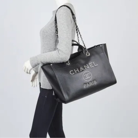 CHANEL Black Caviar Leather Studded Large Deauville Tote Bag SHW - Picture 2 of 10